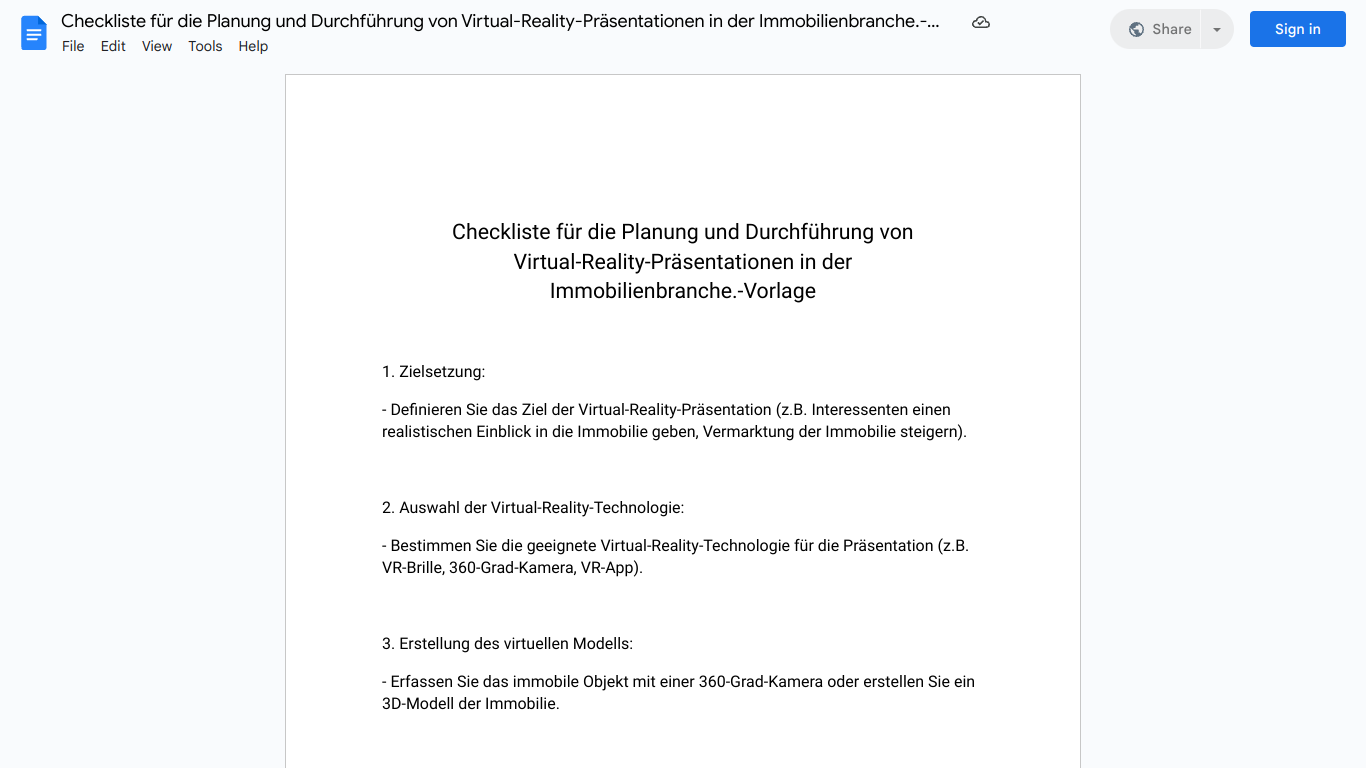 Checkliste für die Planung und Durchführung von Virtual-Reality-Präsentationen in der Immobilienbranche.-Vorlage