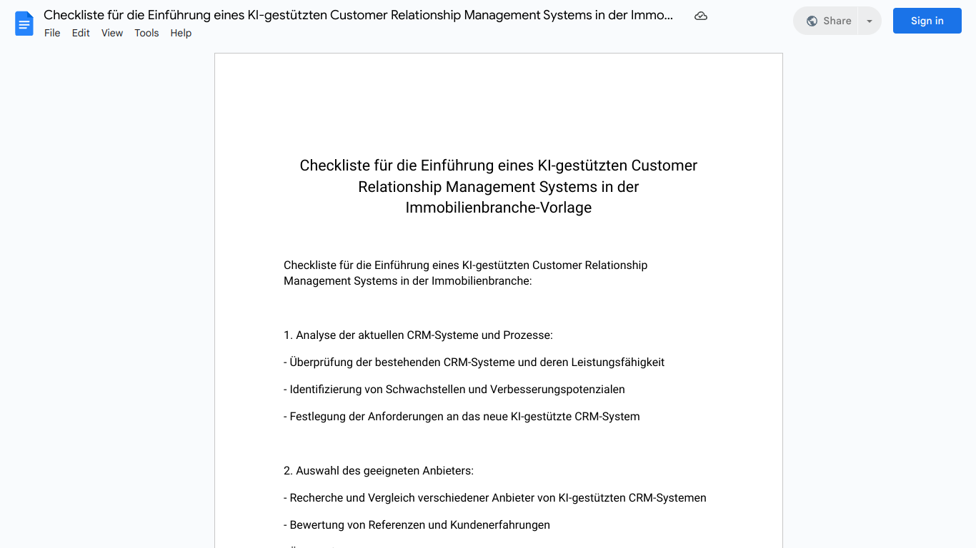 Checkliste für die Einführung eines KI-gestützten Customer Relationship Management Systems in der Immobilienbranche-Vorlage