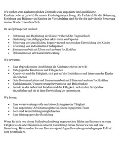 Stellenbeschreibung - Kindererzieherin