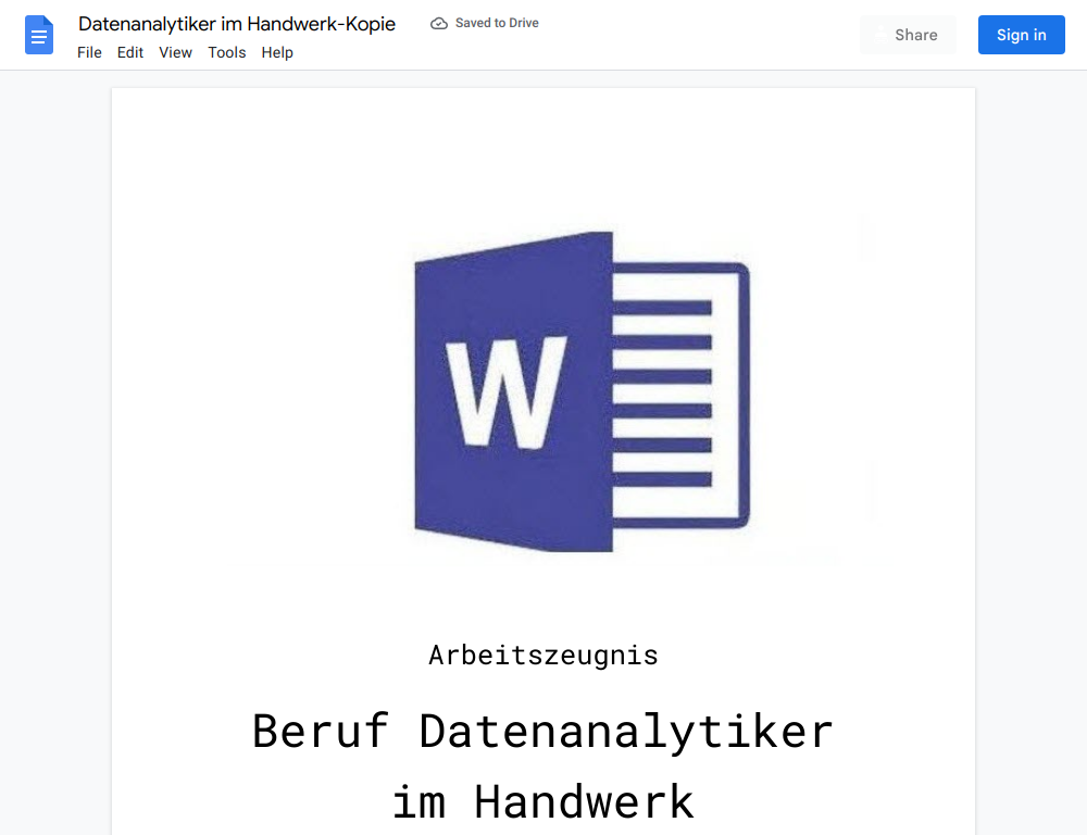 Arbeitszeugnis-Datenanalytiker im Handwerk