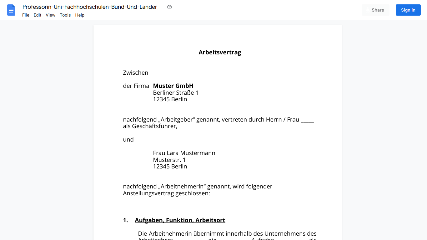 Arbeitsvertrag-Professorin-Uni-Fachhochschulen-Bund-Und-Lander