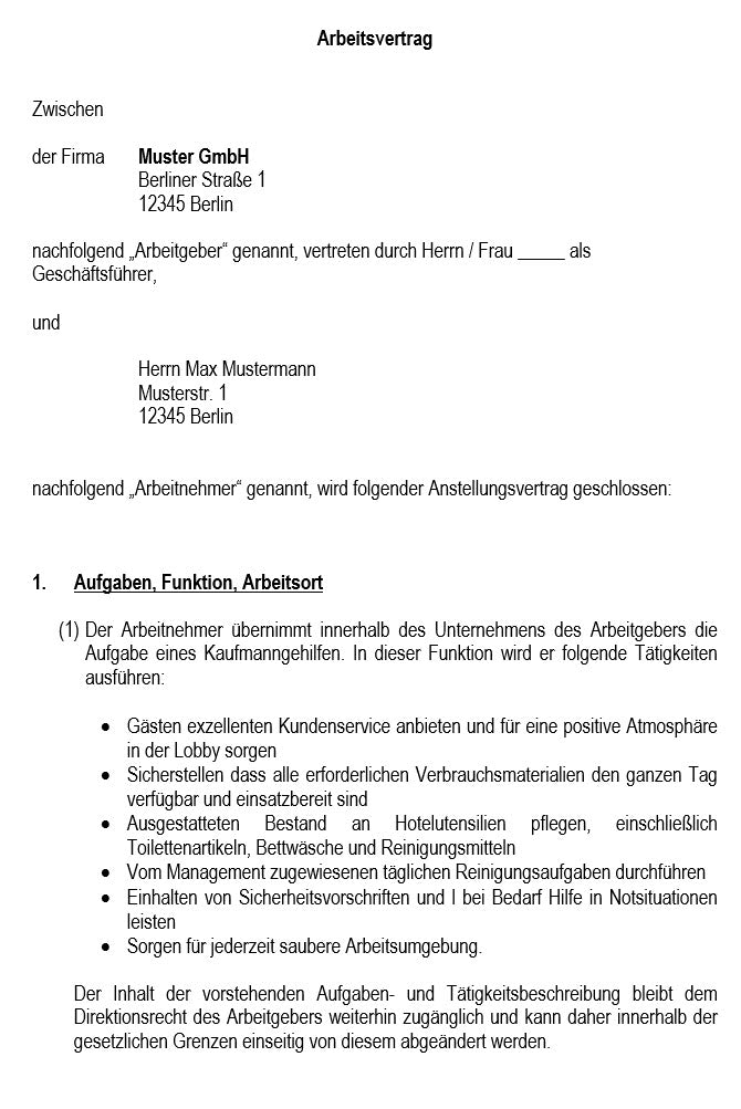 Arbeitsvertrag-Kaufmannsgehilfe-Gehilfin-Hotel-Und-Gaststattengewerbe