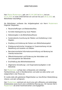 Arbeitszeugnis Bibliothekar Vorlage m/w/d