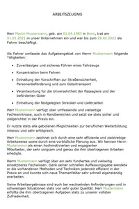 Arbeitszeugnis Fahrer Vorlage m/w/d