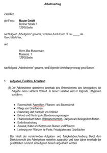 Arbeitsvertrag Gärtner Vorlage m/w/d - Simply Download