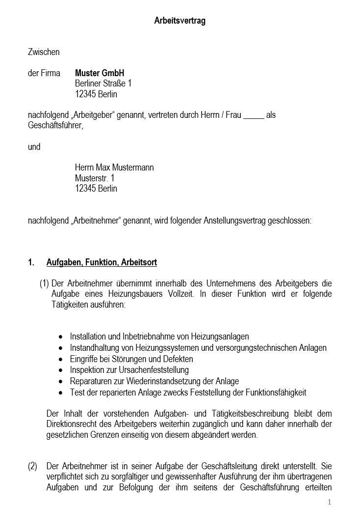 Arbeitsvertrag Heizungsbauer Vorlage m/w/d - Simply Download