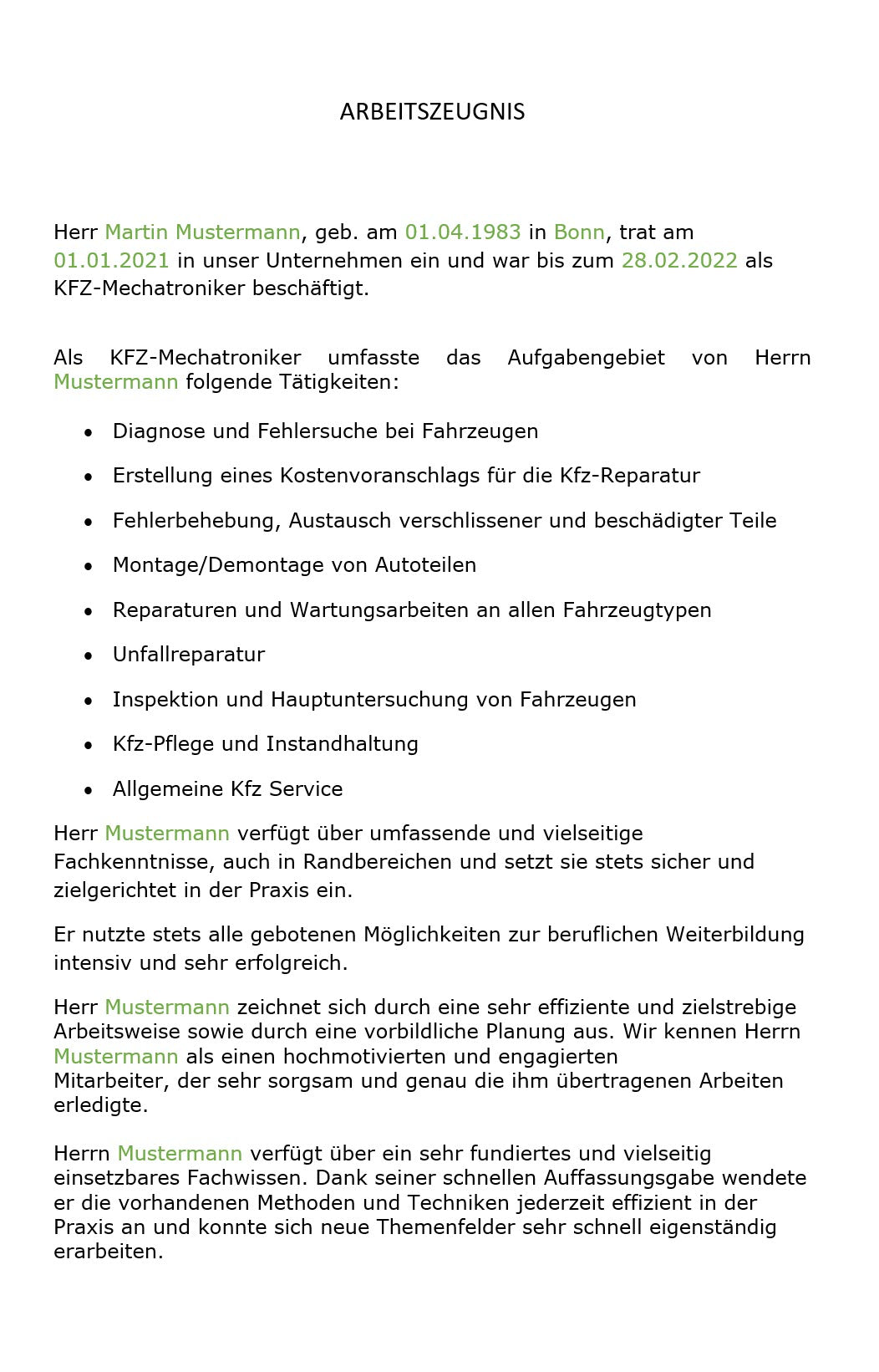 Arbeitszeugnis KFZ-Mechatroniker Vorlage m/w/d - Simply Download