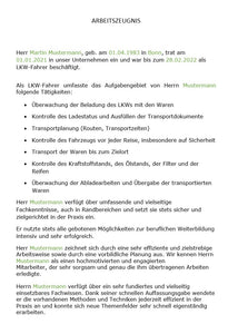 Arbeitszeugnis LKW Fahrer Vorlage m/w/d