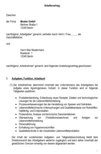 Arbeitsvertrag Lebensmitteltechniker Vorlage m/w/d - Simply Download