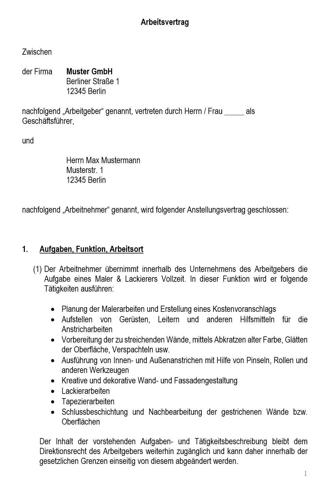 Arbeitsvertrag Maler & Lackierer Vorlage m/w/d - Simply Download