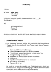 Arbeitsvertrag KFZ-Mechatroniker Vorlage m/w/d - Simply Download