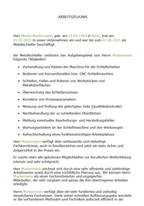 Arbeitszeugnis Metallschleifer Vorlage m/w/d - Simply Download