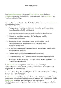 Arbeitszeugnis Metallbauer Vorlage m/w/d - Simply Download