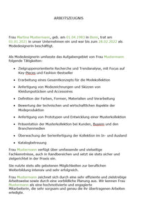 Arbeitszeugnis Modedesigner Vorlage m/w/d