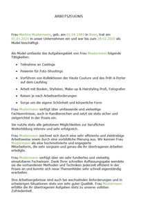 Arbeitszeugnis Model Vorlage m/w/d