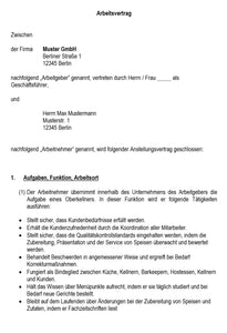 Arbeitsvertrag Oberkellner Vorlage m/w/d
