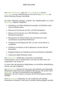 Arbeitszeugnis Online Marketing Manager Vorlage m/w/d