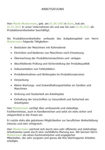 Arbeitszeugnis Produktionsmitarbeiter Vorlage m/w/d - Simply Download