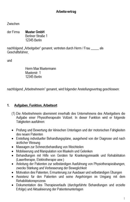 Arbeitsvertrag Physiotherapeut Vorlage m/w/d - Simply Download