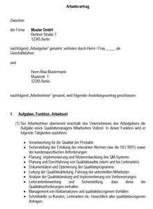 Arbeitsvertrag Qualitätsmanager Vorlage m/w/d - Simply Download