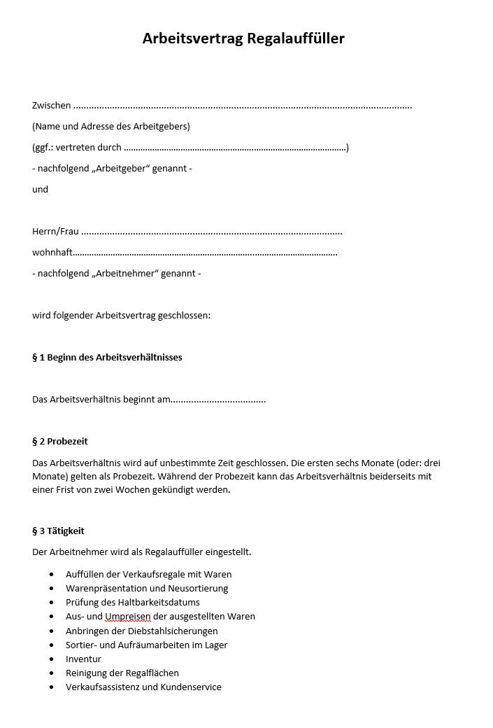 Arbeitsvertrag Regalauffüller Vorlage m/w/d - Simply Download