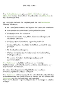 Arbeitszeugnis YouTuber Vorlage m/w/d