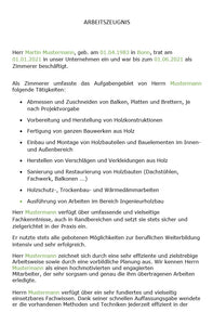 Arbeitszeugnis Zimmerer Vorlage m/w/d - Simply Download