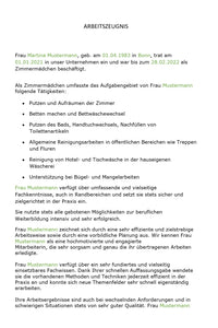 Arbeitszeugnis Zimmermädchen Vorlage m/w/d
