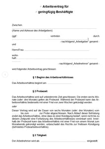 Arbeitsvertrag geringfügig Beschäftigte Aushilfe Vorlage m/w/d - [tags]